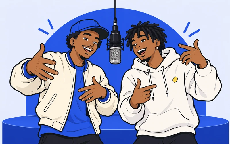 Two best friends trading rap verses together on a blue stage.