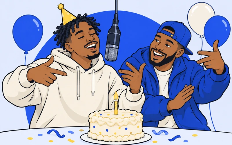 A birthday guest and best friend rapping beside a cake on a blue stage.