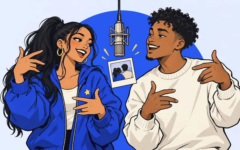 A couple performing a personalized rap together in a blue recording booth.
