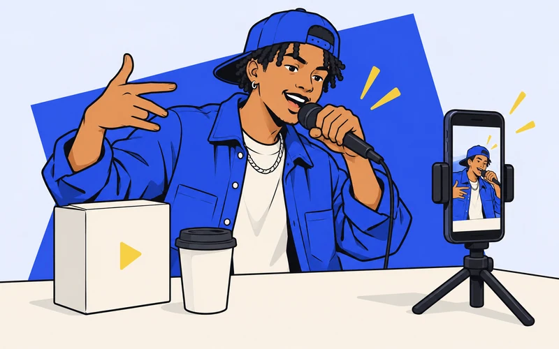 A creator recording a vertical rap video beside a small brand product display.