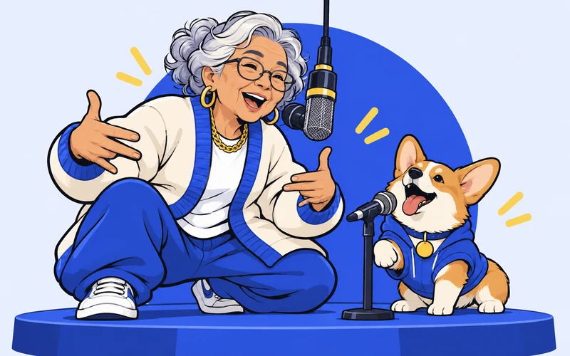 A grandparent and a pet enjoying a playful rap performance in blue and yellow.