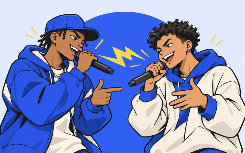 Two rappers facing off in a friendly rap battle on a blue stage.
